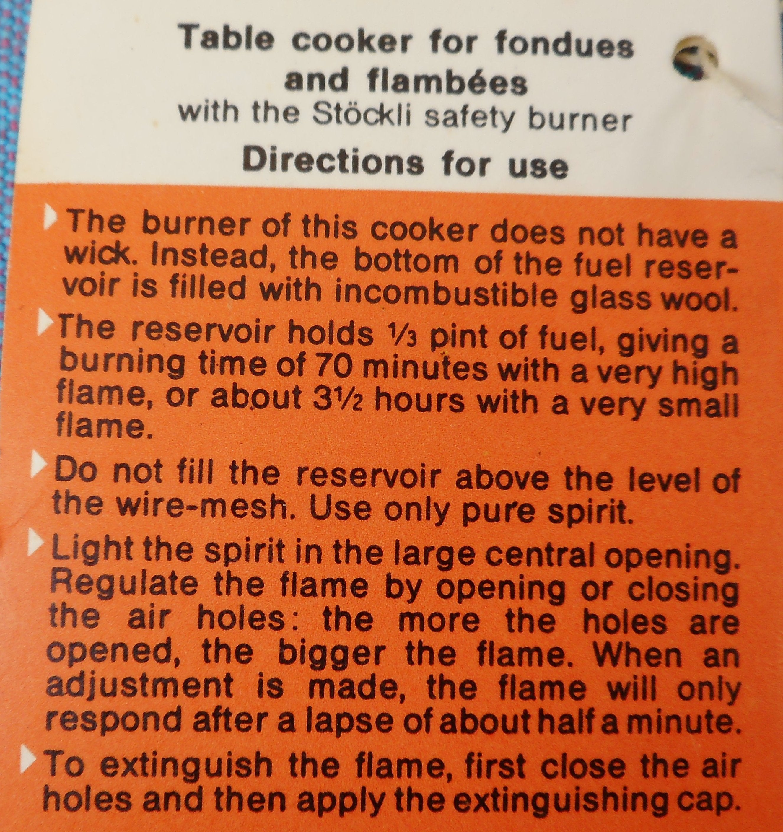 Instructions For The Stockli Fondue Table Cooker Burner Olde Kitchen