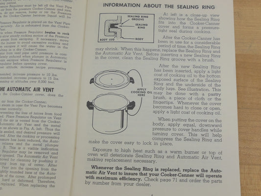 Presto 1975 Pressure Cooker Instructions for Sealing Ring Gasket