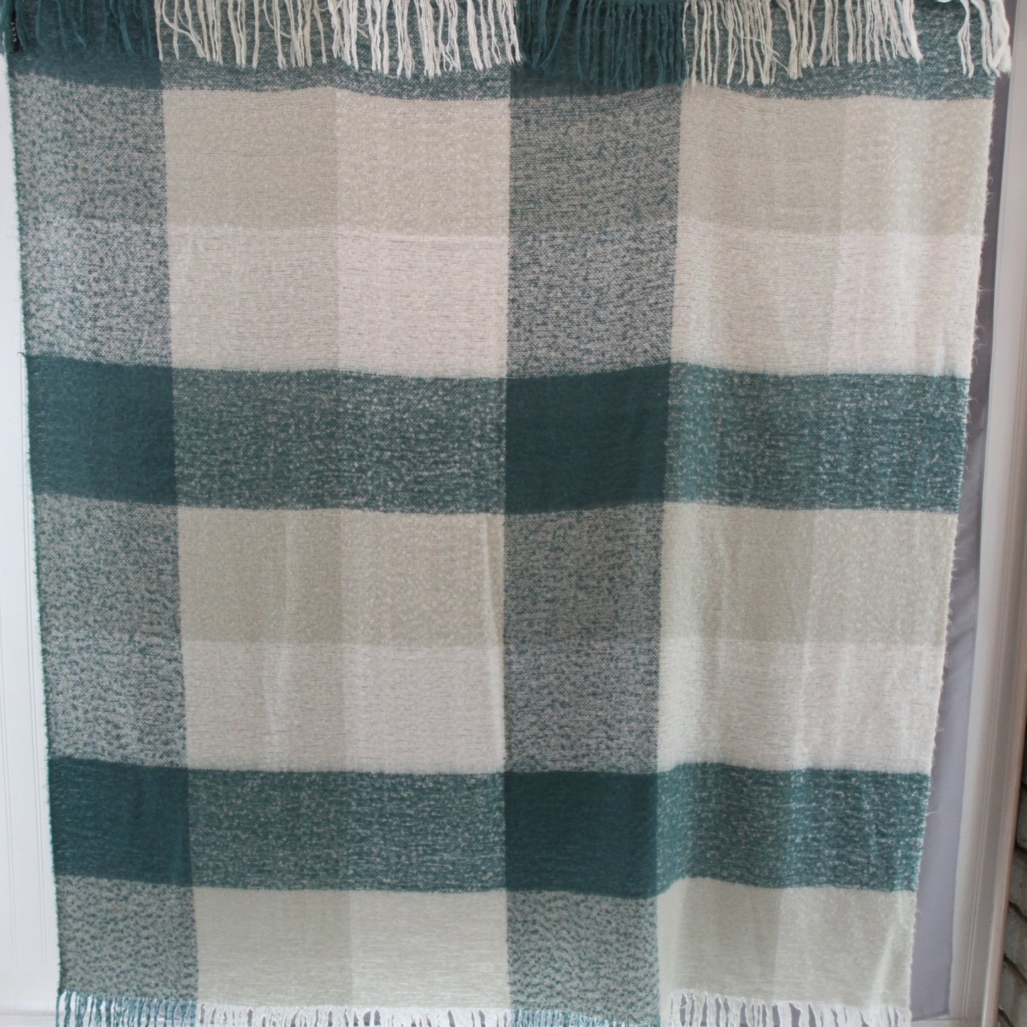 DNKY Fringed Throw Teal White Gray Checked Acrylic 52W X 60L