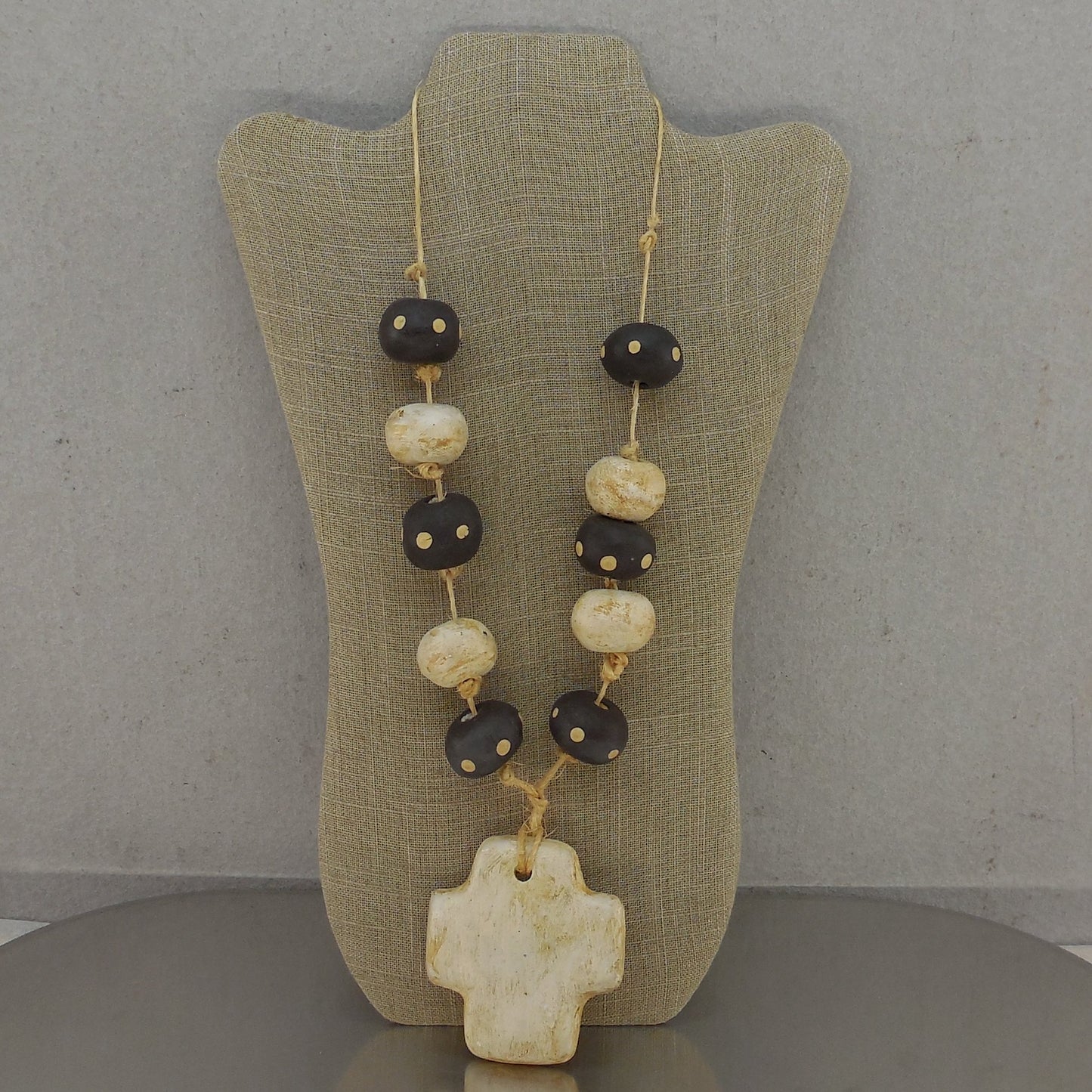Tribal Chunky Ceramic Pottery Bead Cross Necklace Black White Twine