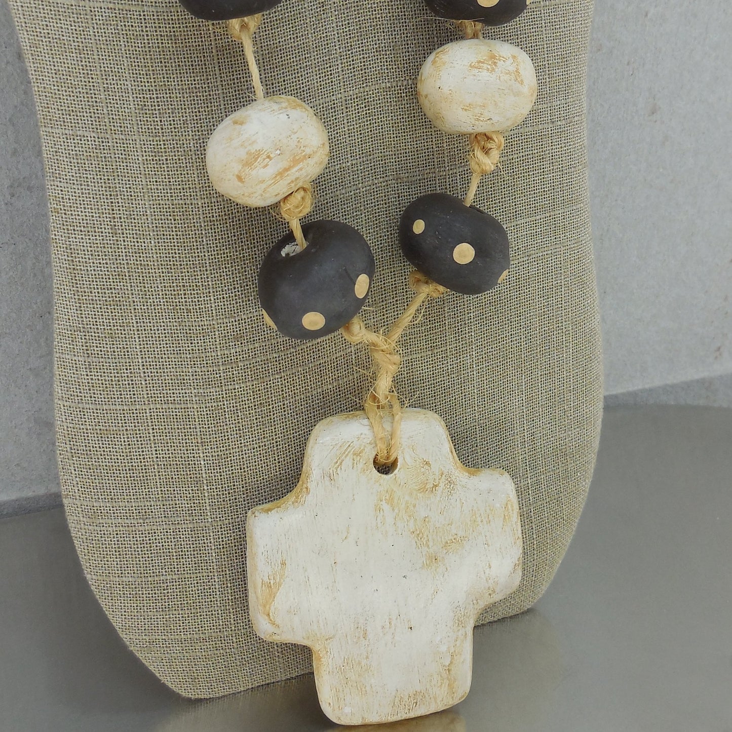 Tribal Chunky Ceramic Pottery Bead Cross Necklace Black White Twine Dots