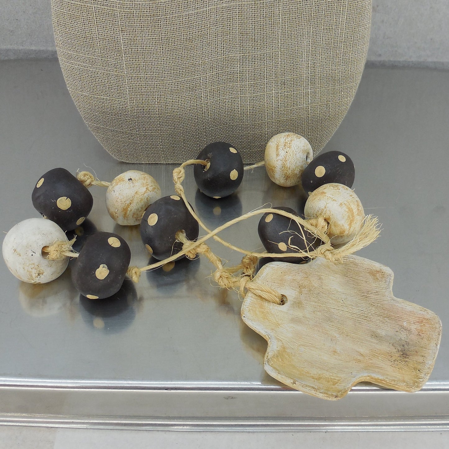 Tribal Chunky Ceramic Pottery Bead Cross Necklace Black White Twine 15"