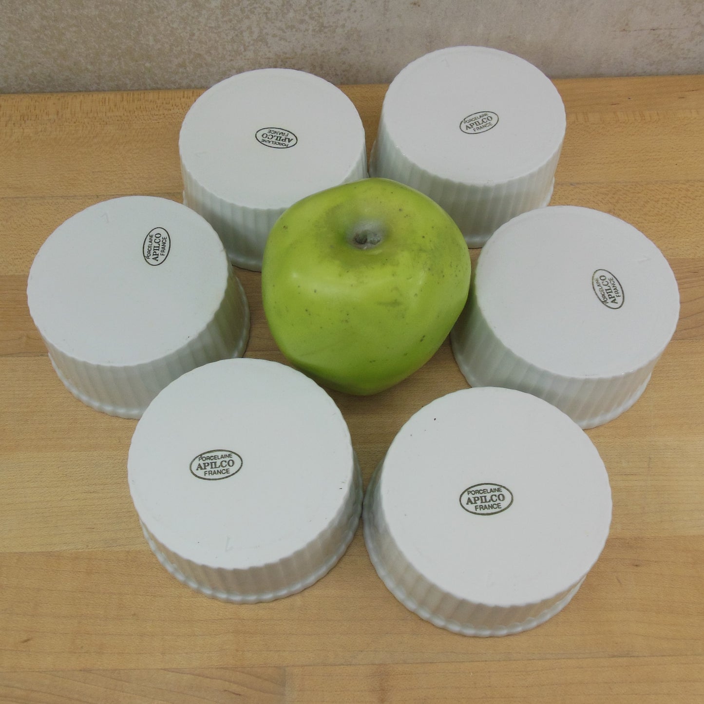 Apilco France Classic Whiteware Ribbed Large Ramekin 6 Set - Unused Signed