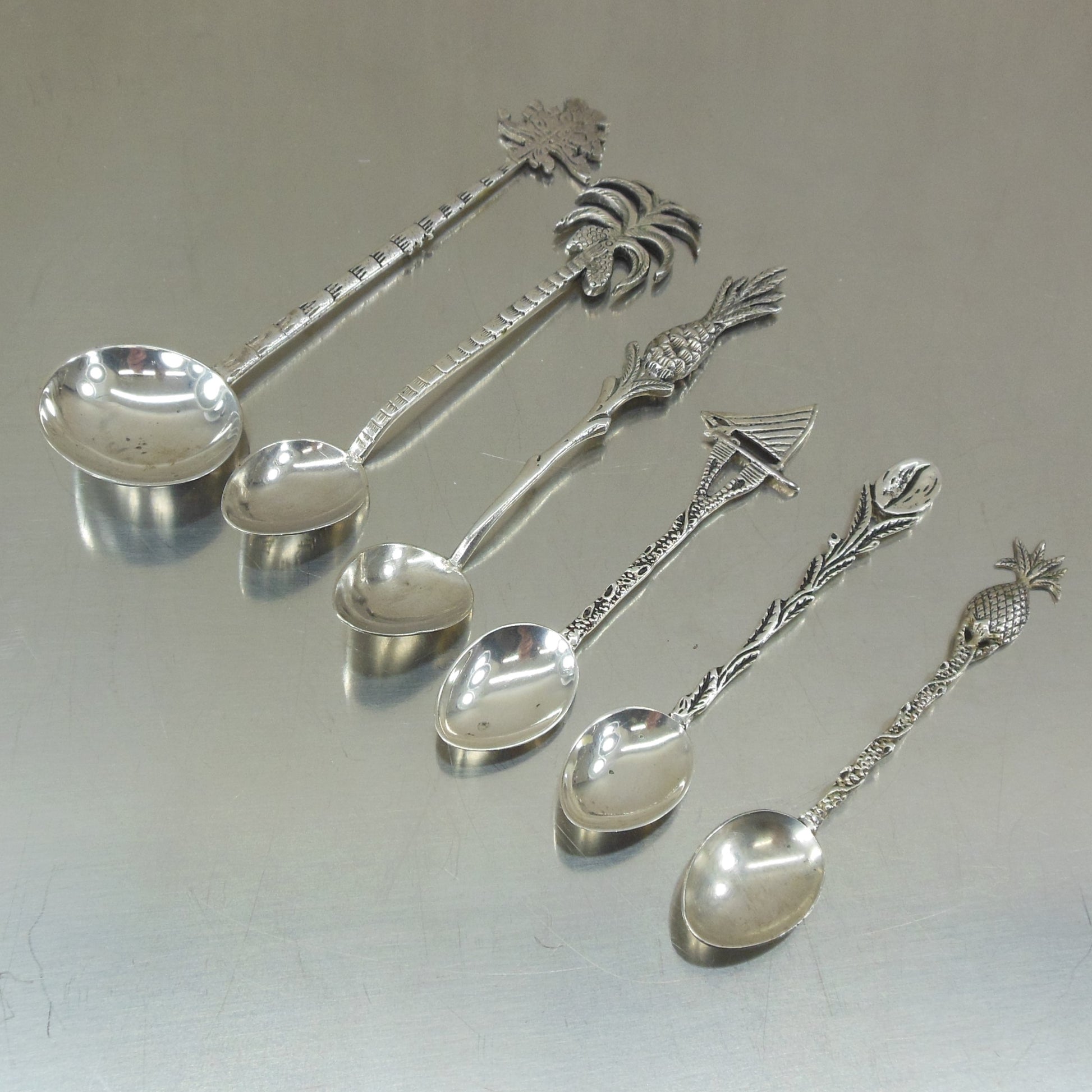 Estate 6 Lot 900 Silver Souvenir Spoons Caribbean Palm Pineapple Poker Club