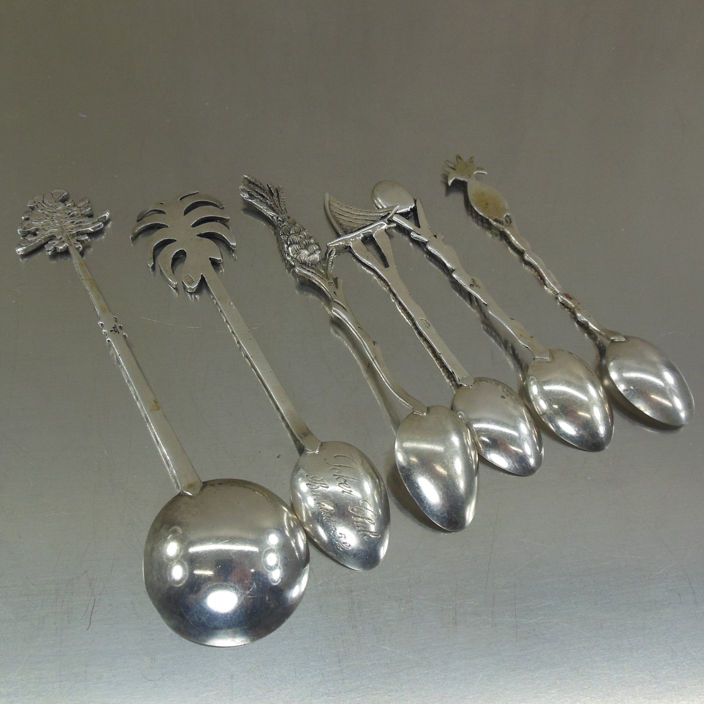 Estate 6 Lot 900 Silver Souvenir Spoons Caribbean Palm Pineapple Poker Club vintage