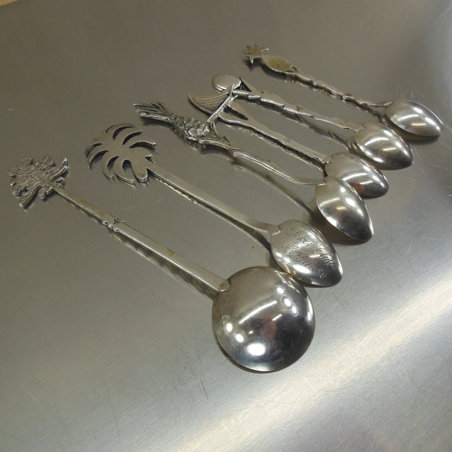 Estate 6 Lot 900 Silver Souvenir Spoons Caribbean Palm Pineapple Poker Club Sailboat