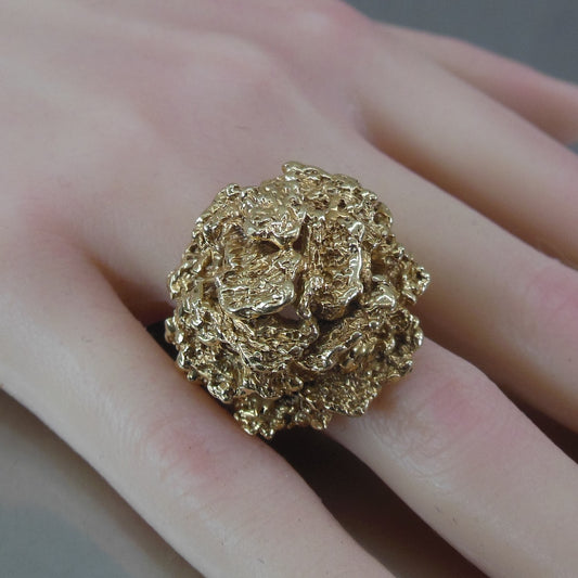 Cocktail Ring 14K Yellow Gold Big Brutalist Chunky Raised Layers Size 9