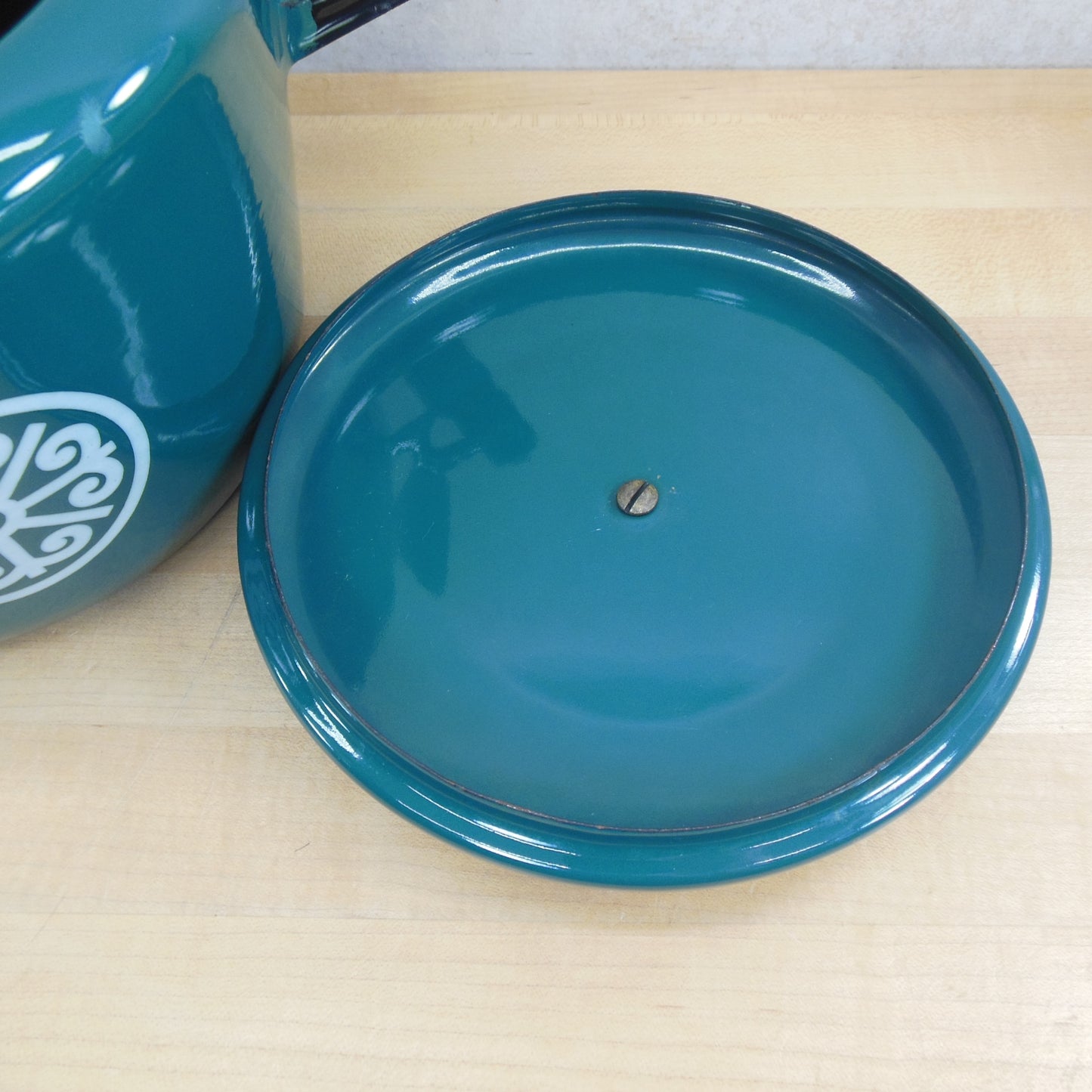 Unbranded Teal Green Enamelware 4 Quart Soup Pot Tureen Rosewood Handles Knob Lid