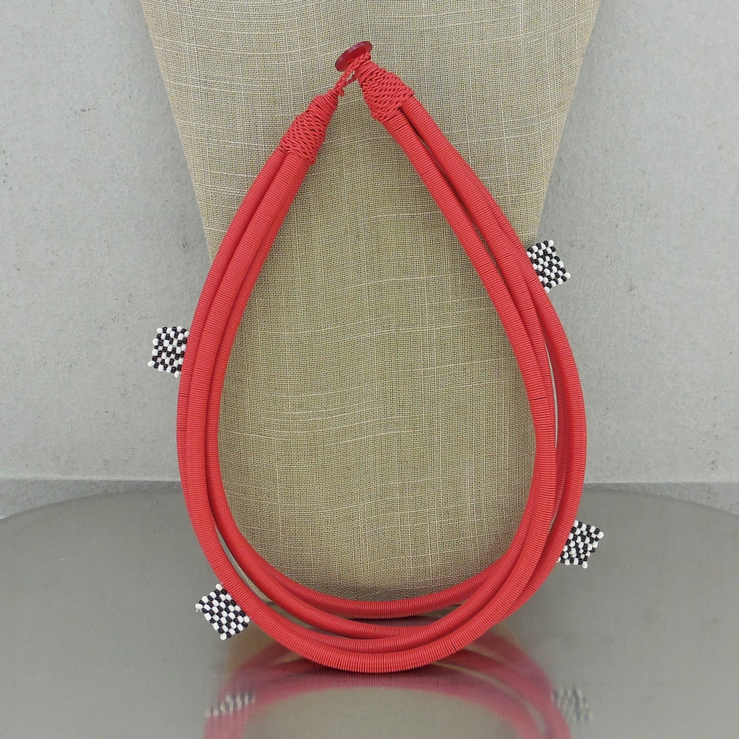 African Style 4 Strand Red Telephone Wire Necklace Black White Beads