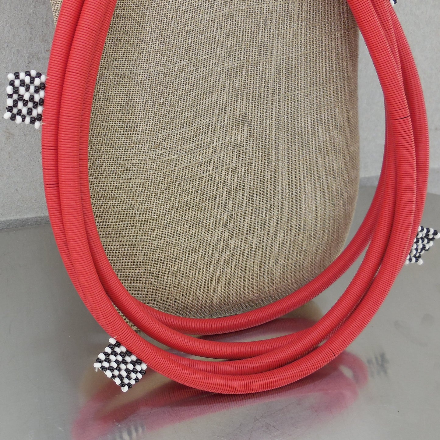 African Style 4 Strand Red Telephone Wire Necklace Black White Beads pre-owned