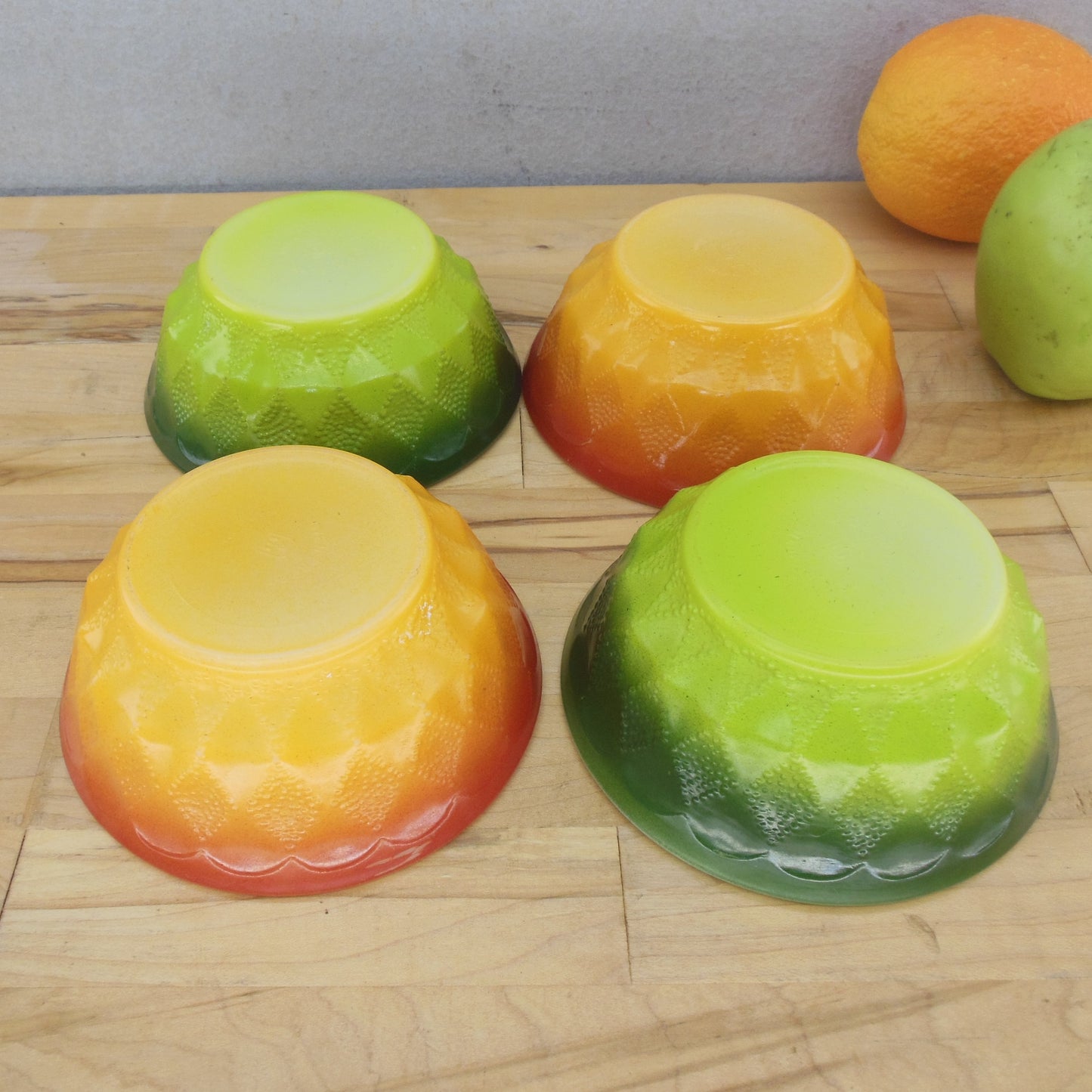 Anchor Hocking USA Kimberly Diamond 4 Set Cereal Bowls Orange Green NOS 5"