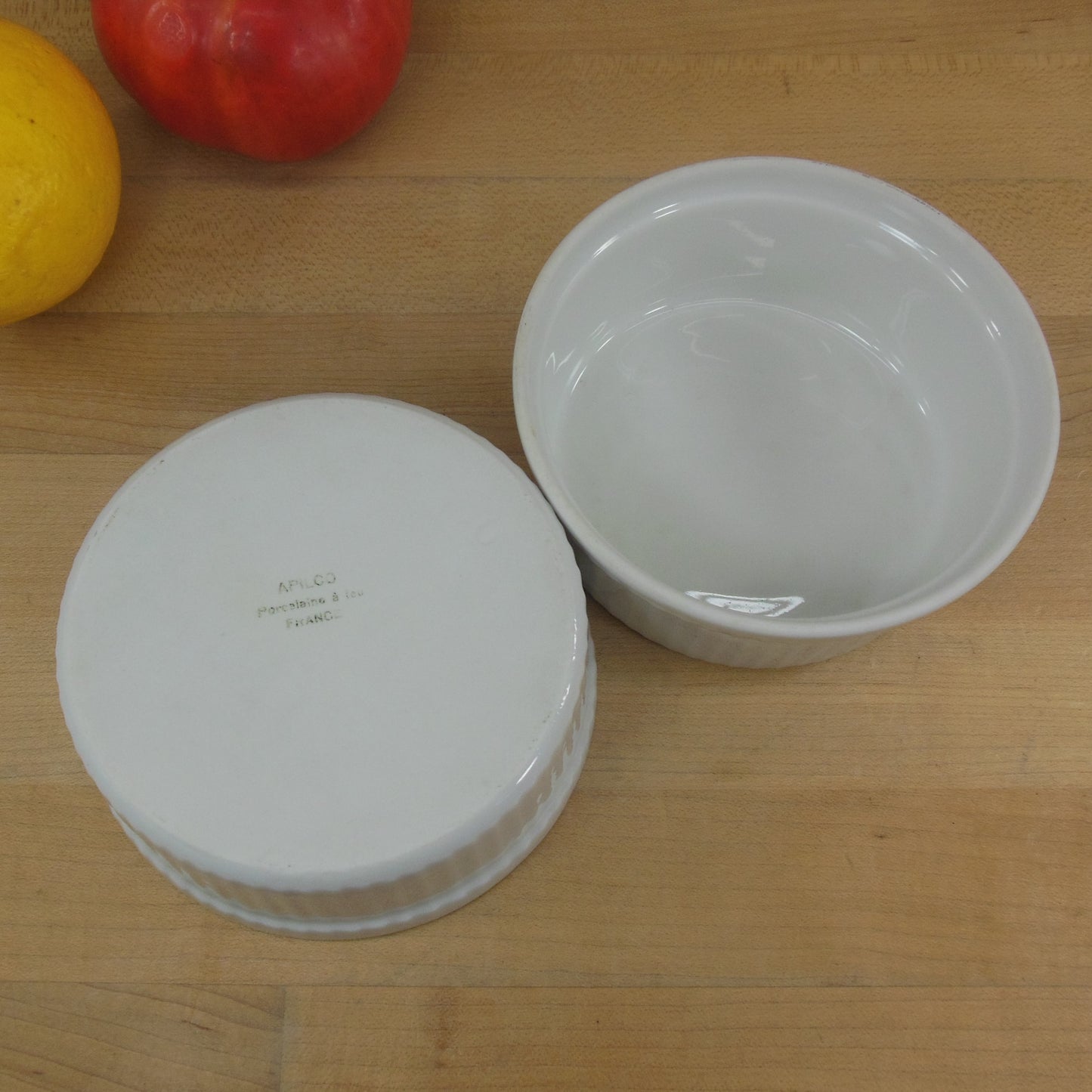 Apilco France Classic Whiteware Pair 4-3/4" Ribbed Ramekin Custards - Unused Vintage