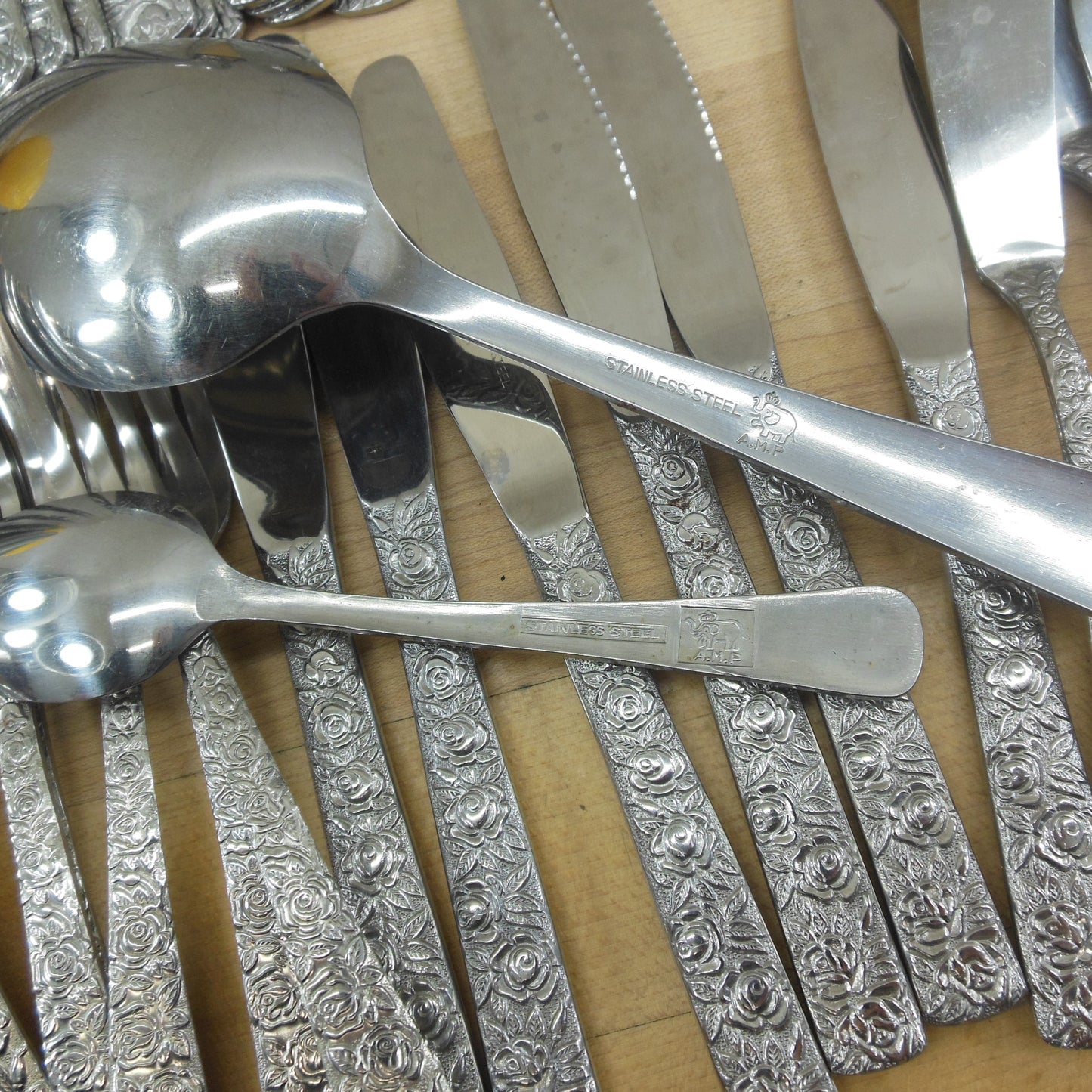 A.P.M. Elephant Mark Stainless Steel Flatware Roses Flowers Forks Spoons Knives 61 pieces