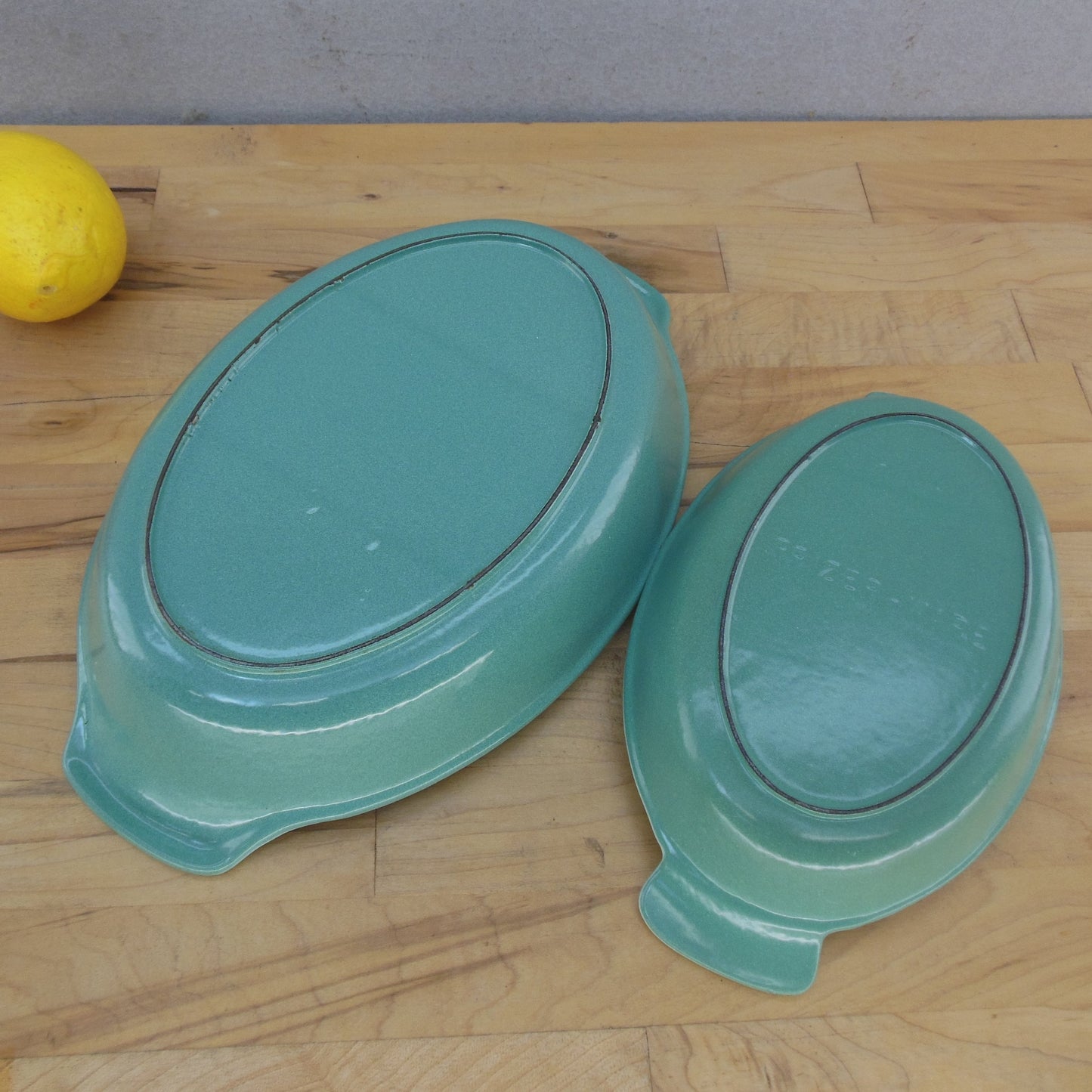 Prizer Ware Enamel Cast Iron Oval Au Gratin Dishes Teal Green OAG1 OAG2 Signed