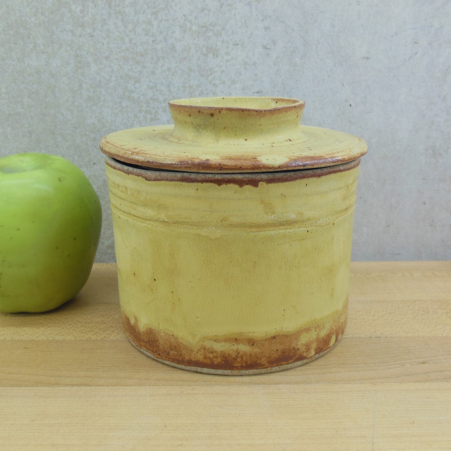 Signed J Yellow Stoneware Pottery Butter Bell Jar