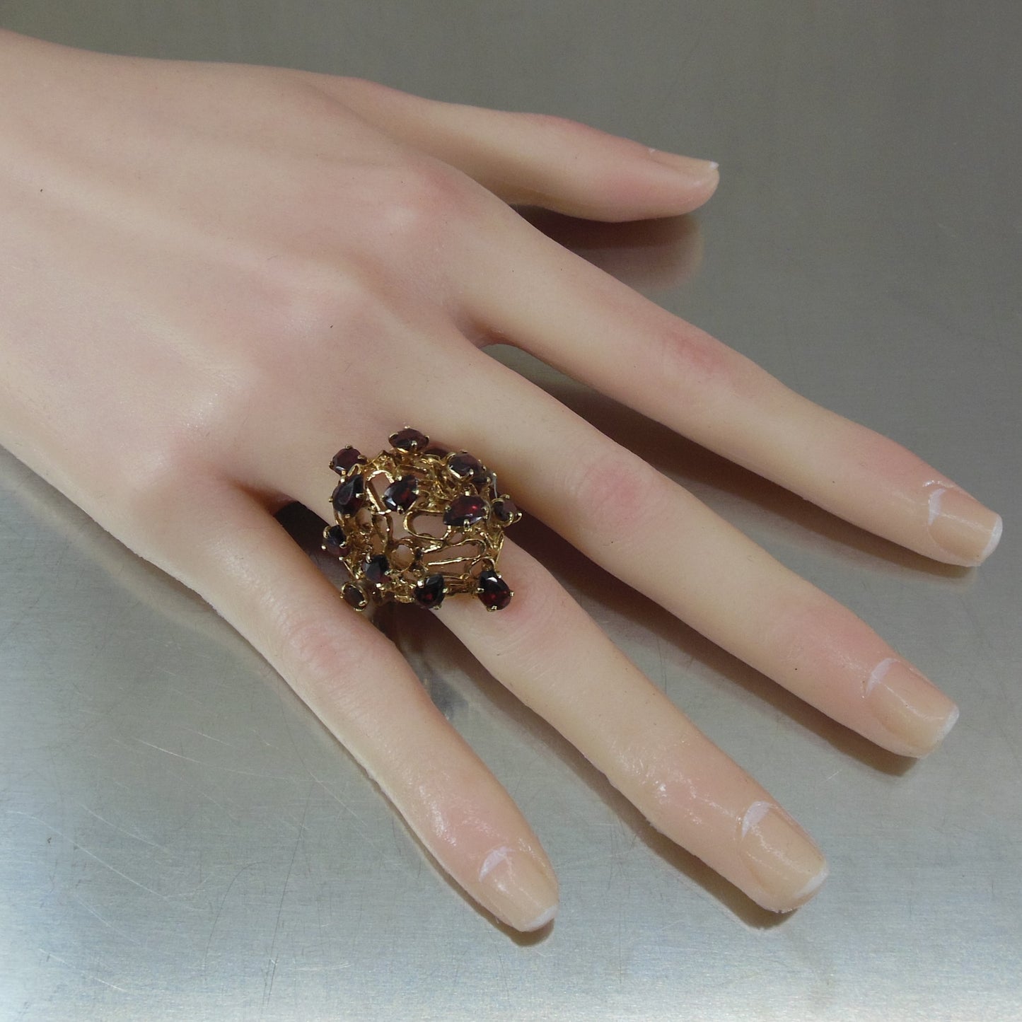 Cocktail Ring Layered Chunky 14K Yellow Gold Red Root Beer Tourmaline Stones vintage
