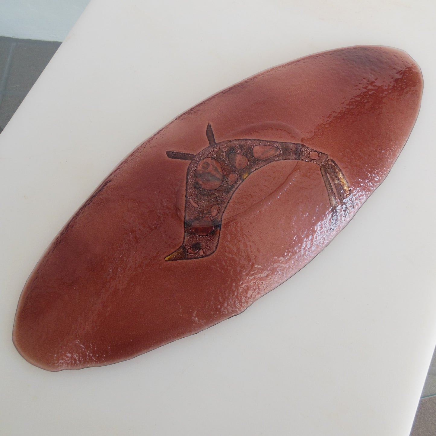 Unsigned Fused Enamel Glass Bird Oval Tray Platter Dish Purple/Brown 15.5"