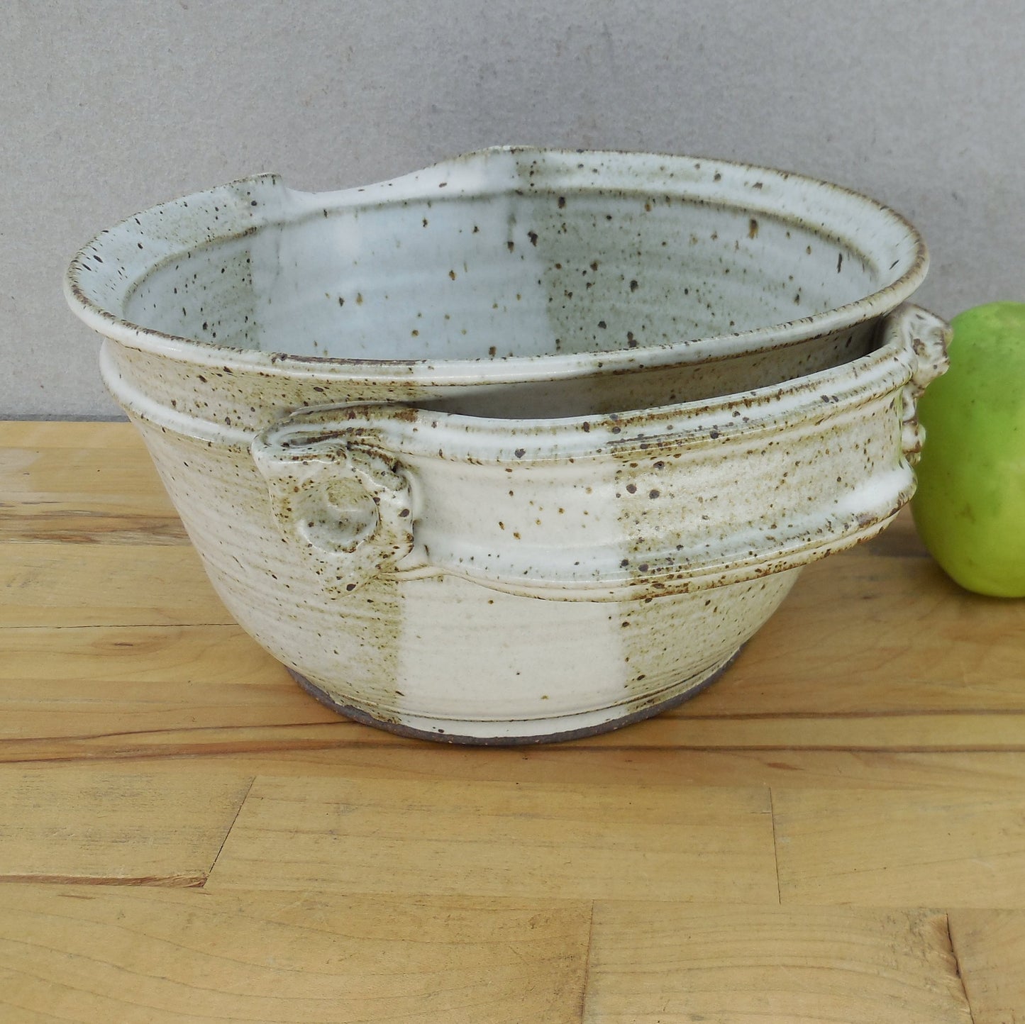 Signed Studio Pottery Batter Bowl Speckled Brown White Handle
