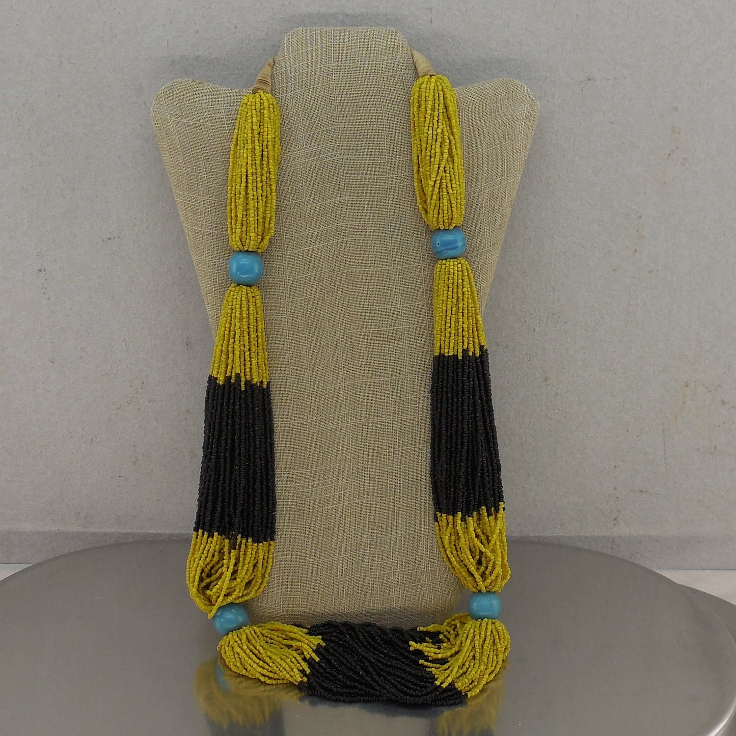 African Style Heavy Glass Seed Bead Necklace Yellow Black Turquoise Tribal