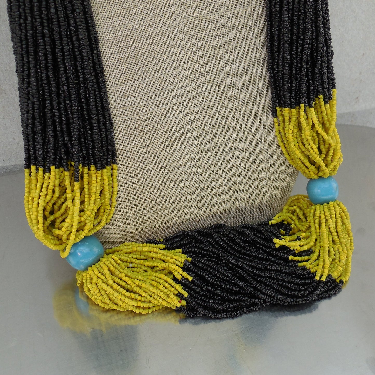 African Style Heavy Glass Seed Bead Necklace Yellow Black Turquoise Tribal Multi-strands