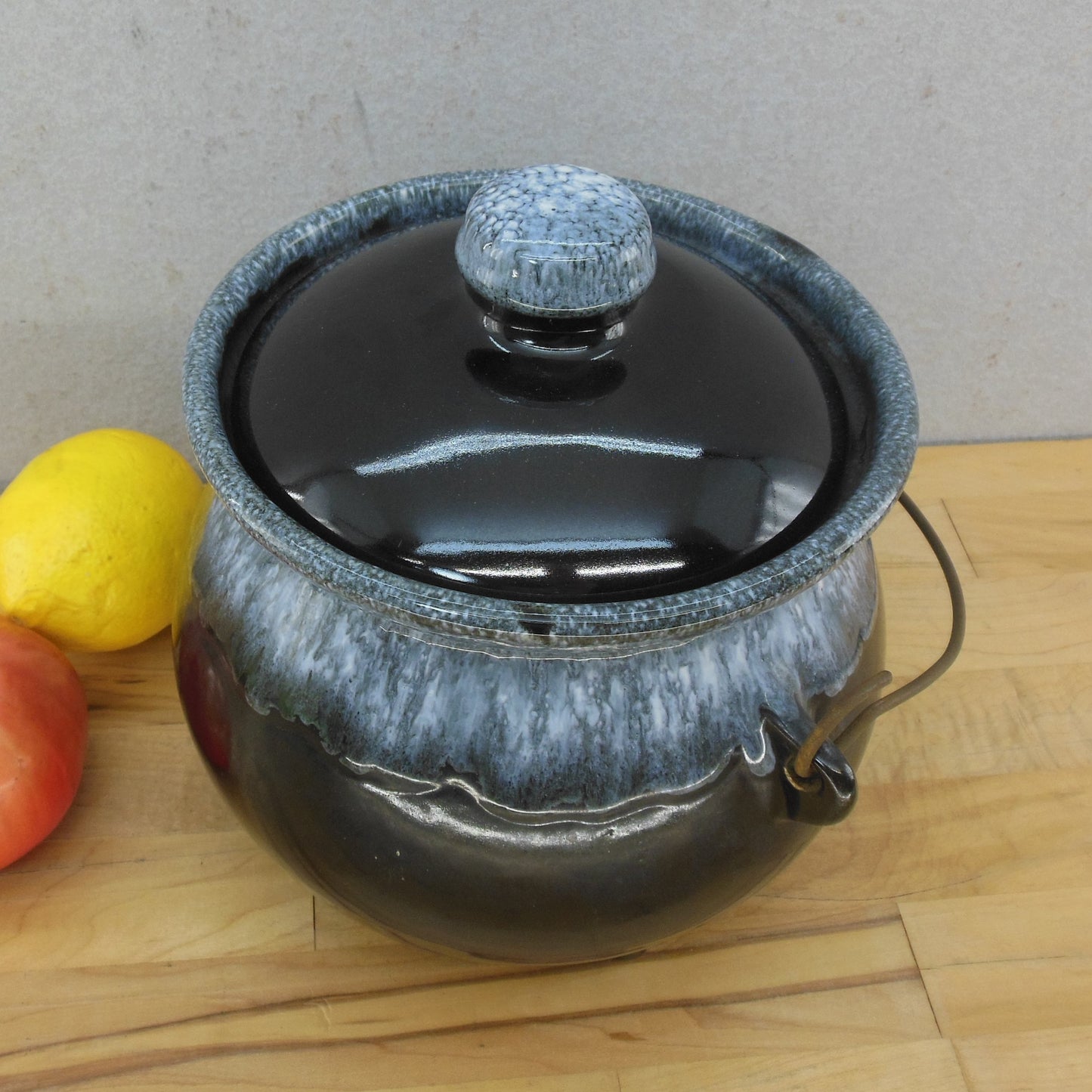 Unbranded Drip Black Blue White Glaze Pottery Bean Pot Bail Handle Vintage