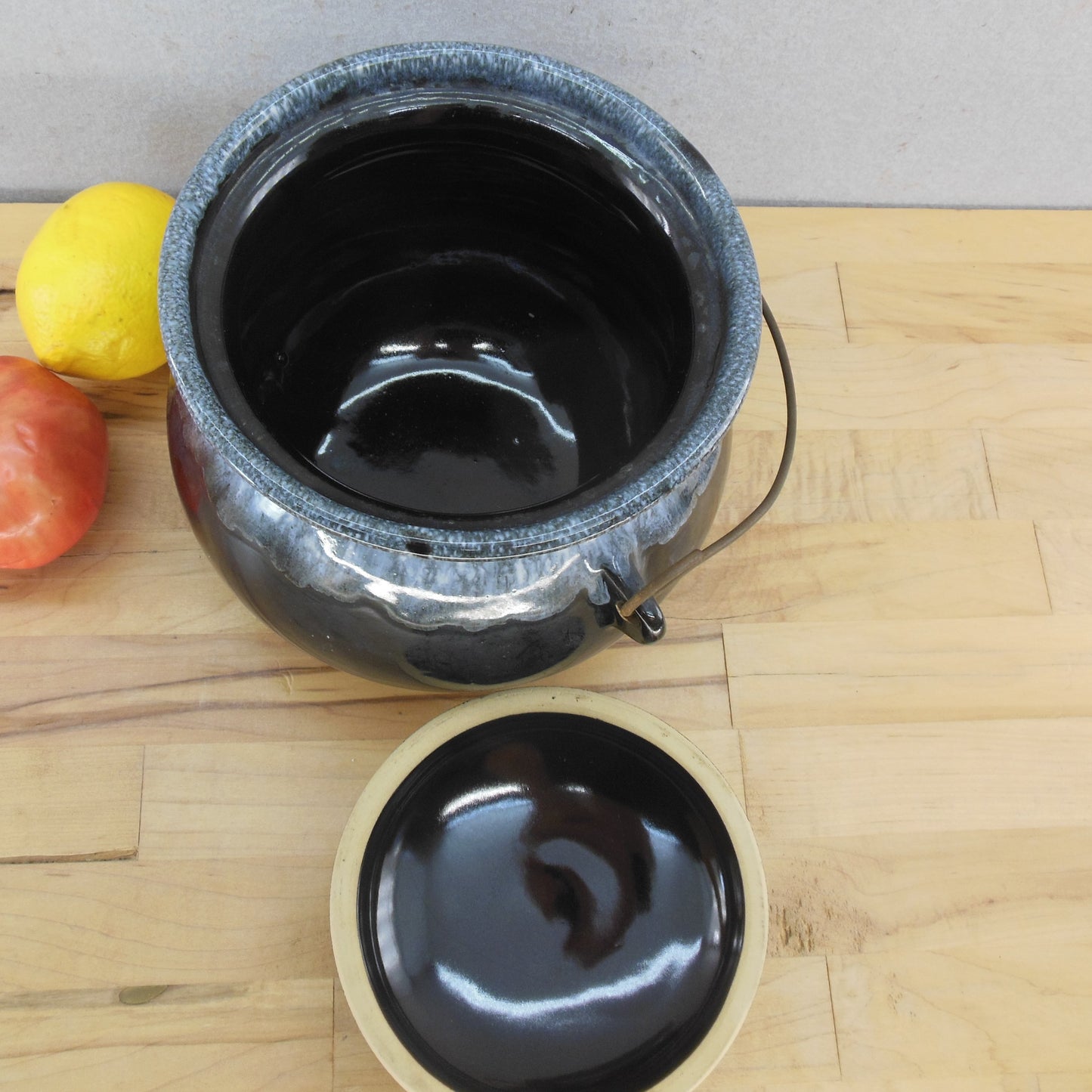 Unbranded Drip Black Blue White Glaze Pottery Bean Pot Bail Handle used