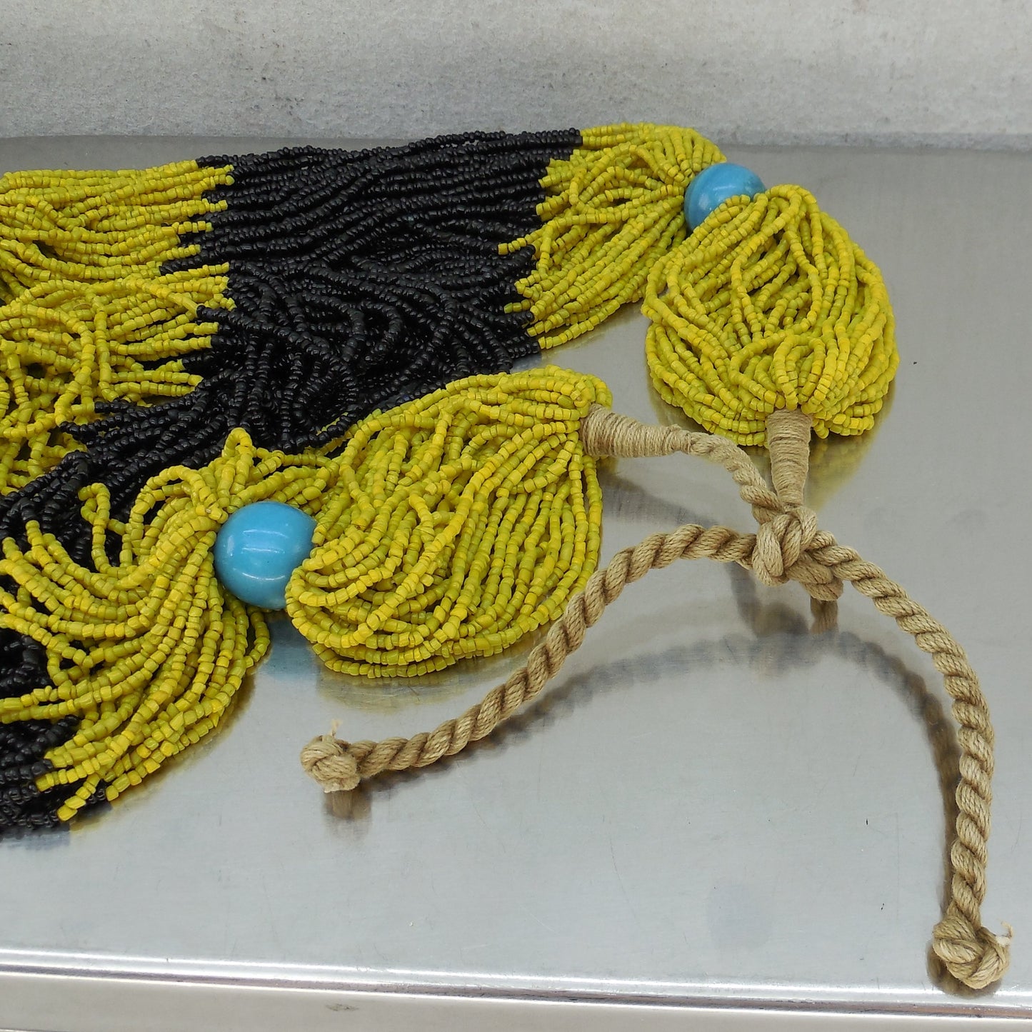African Style Heavy Glass Seed Bead Necklace Yellow Black Turquoise Tribal Rope Tie
