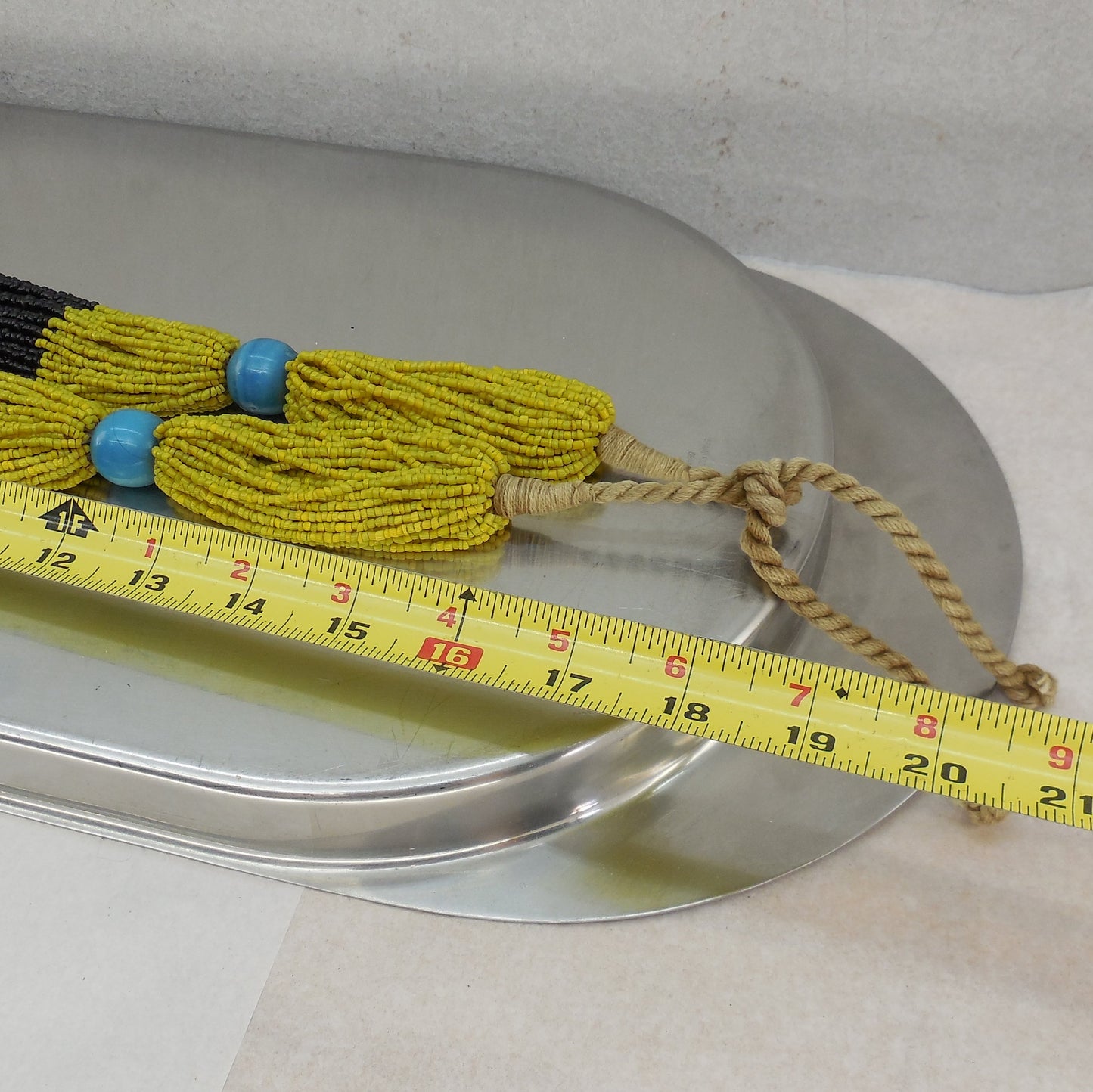 African Style Heavy Glass Seed Bead Necklace Yellow Black Turquoise Tribal 16"