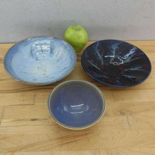 Lot 3 Different Maker Signed Studio Pottery Bowls Blue Glazes 5" 8"