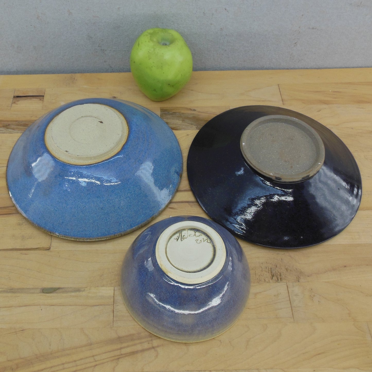 Lot 3 Different Maker Signed Studio Pottery Bowls Blue Glazes 5" 8" 2002