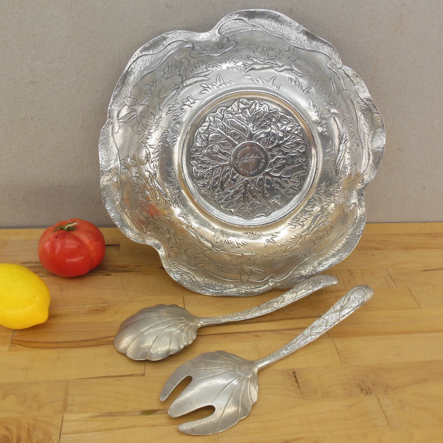 Arthur Court 1993 Aluminum Bunny Rabbit Salad Bowl With Servers 1990