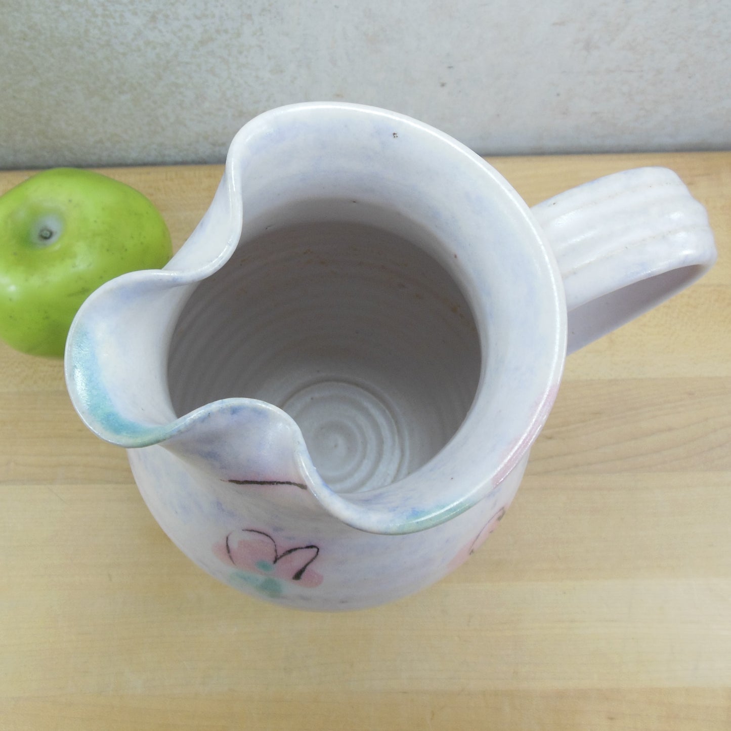 Made In Colorado Unsigned Pottery Pitcher Pink Flowers Purple Sponge vintage