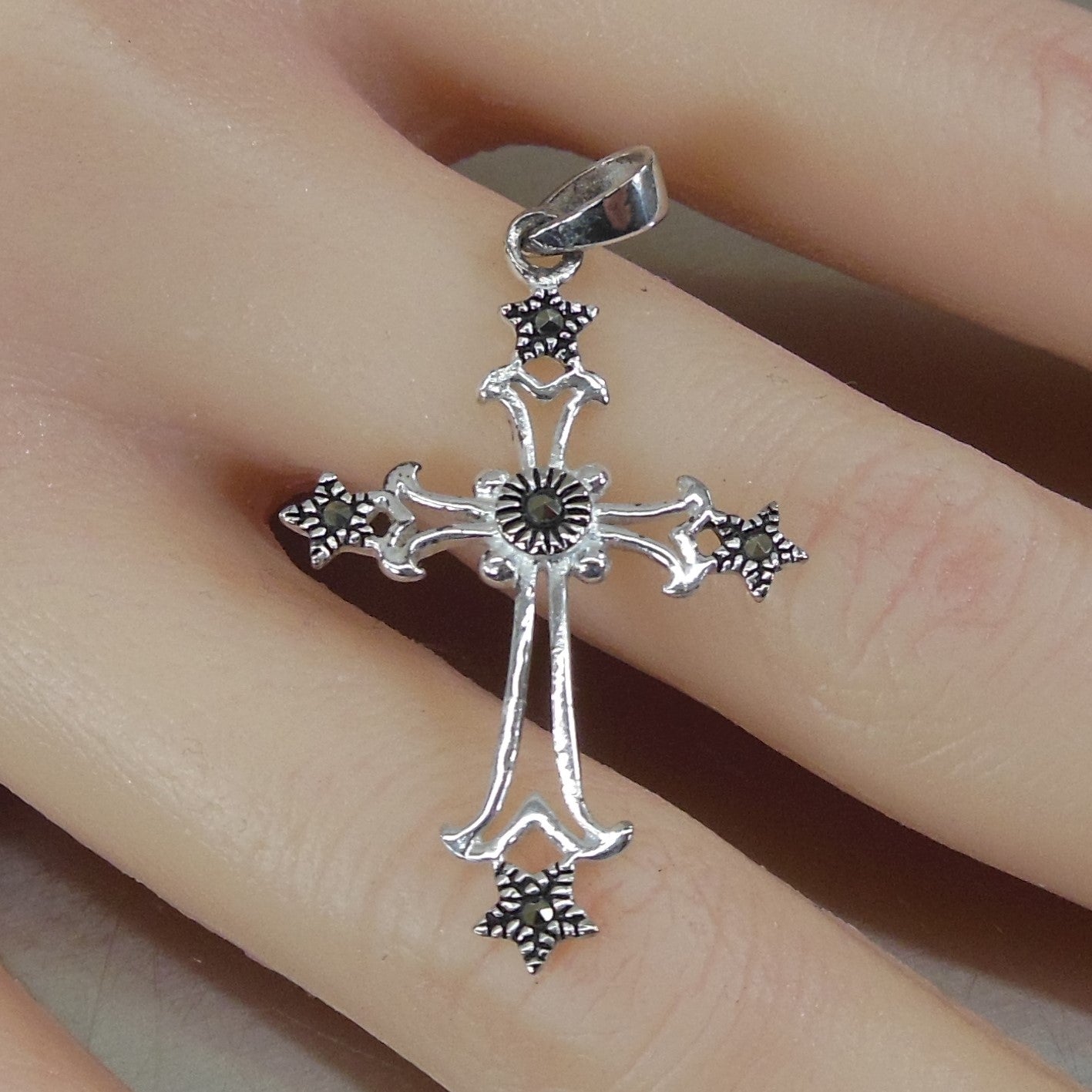 Sterling Silver Marcasite Crucifix Cross Pendant Thailand 1.25" Vintage