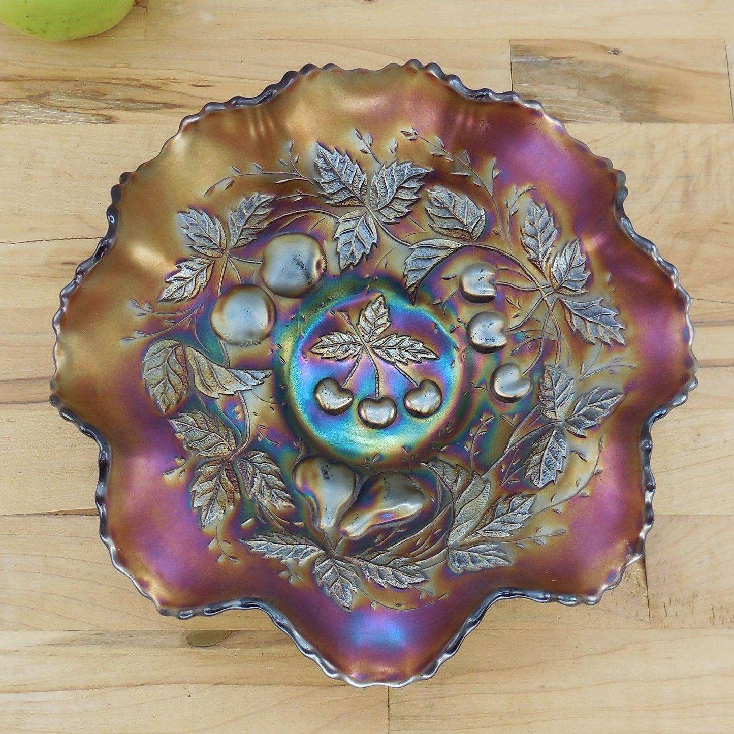 Northwood Amethyst Carnival Glass Three Fruits Cherries Dish Bowl
