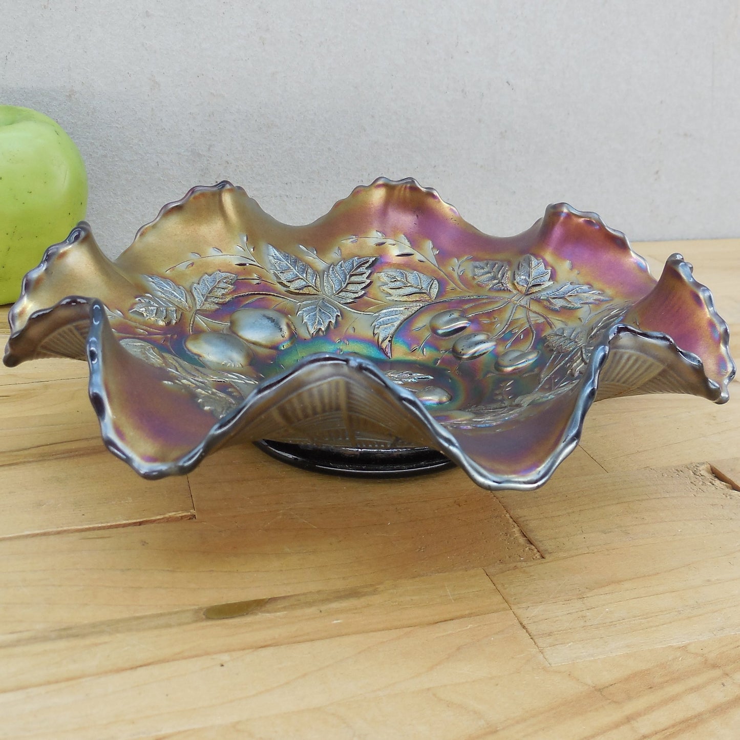 Northwood Amethyst Carnival Glass Three Fruits Cherries Dish Bowl Ruffled Rim