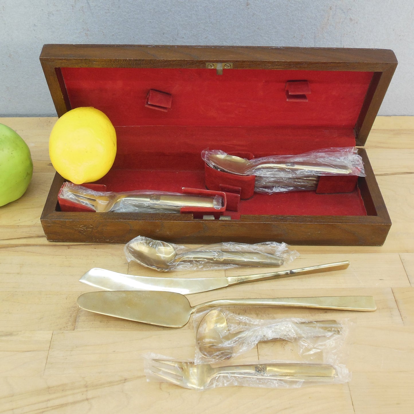 Thailand Nickel Bronze Flatware Dessert Serving Set For 8 Signed Boxed NOS