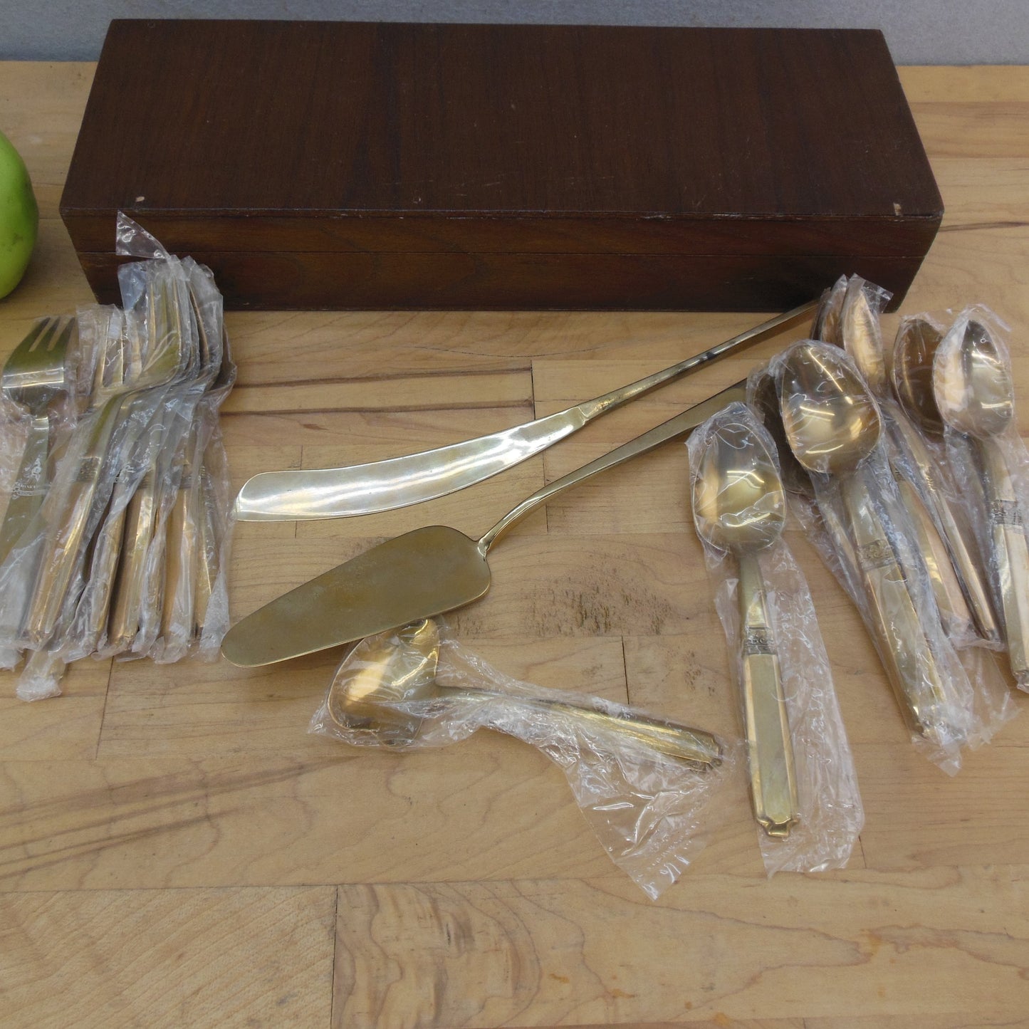 Thailand Nickel Bronze Flatware Dessert Serving Set For 8 Signed Boxed NOS Vintage Unused
