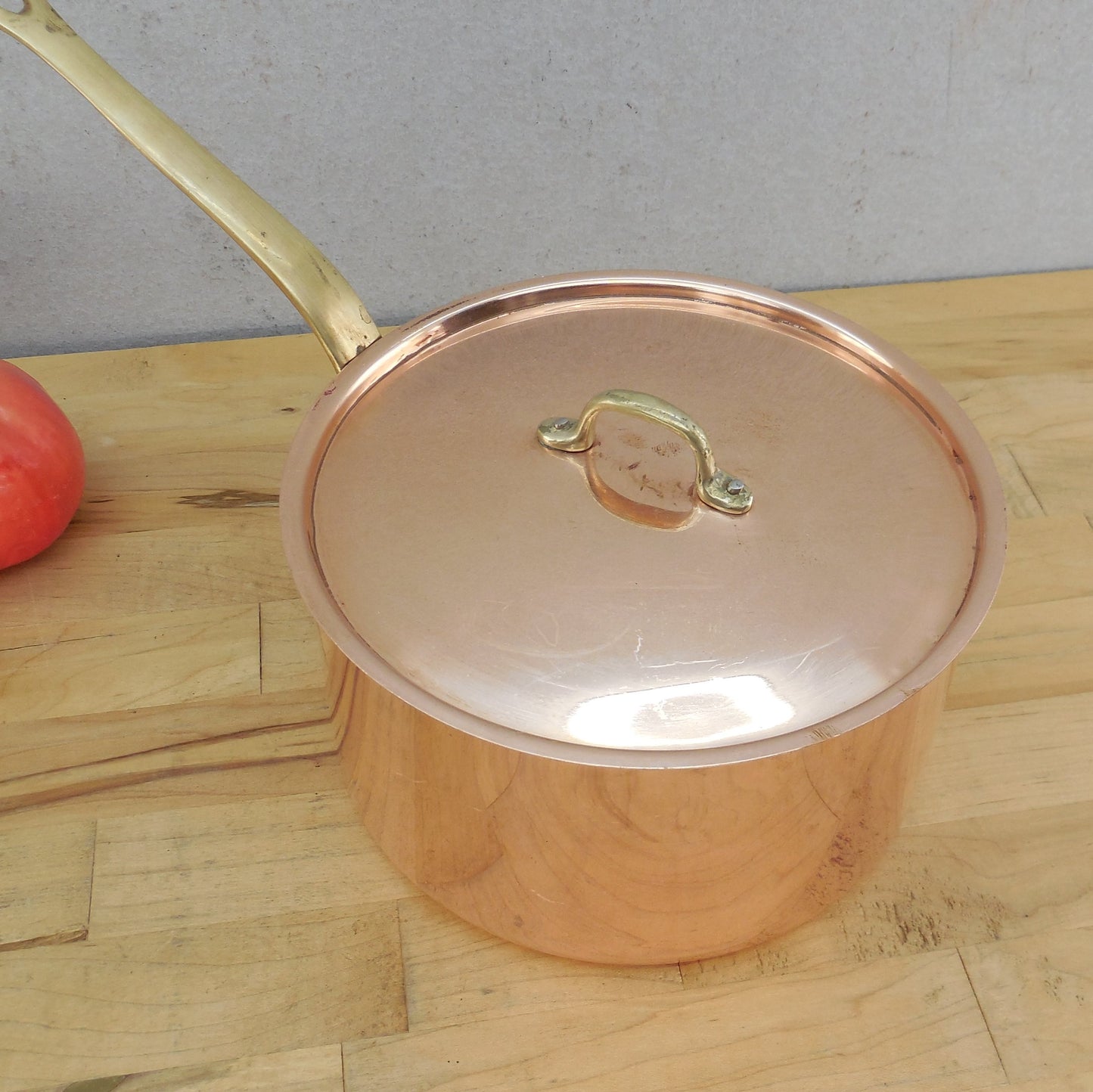 Unbranded Italy Copper Tin 2 Quart Saucepan & Lid Brass Handle Vintage