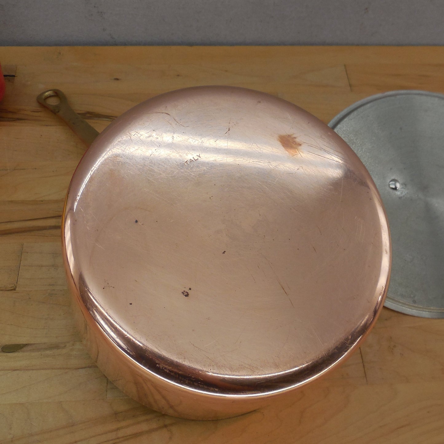 Unbranded Italy Copper Tin 2 Quart Saucepan & Lid Brass Handle Stamped