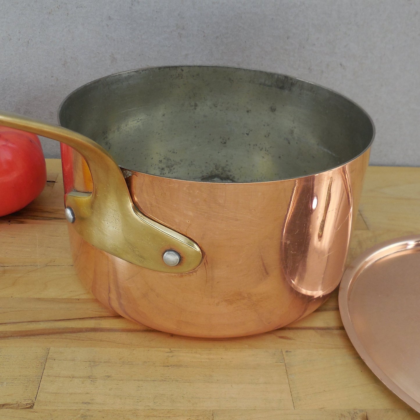 Unbranded Italy Copper Tin 2 Quart Saucepan & Lid Brass Handle 1.5mm