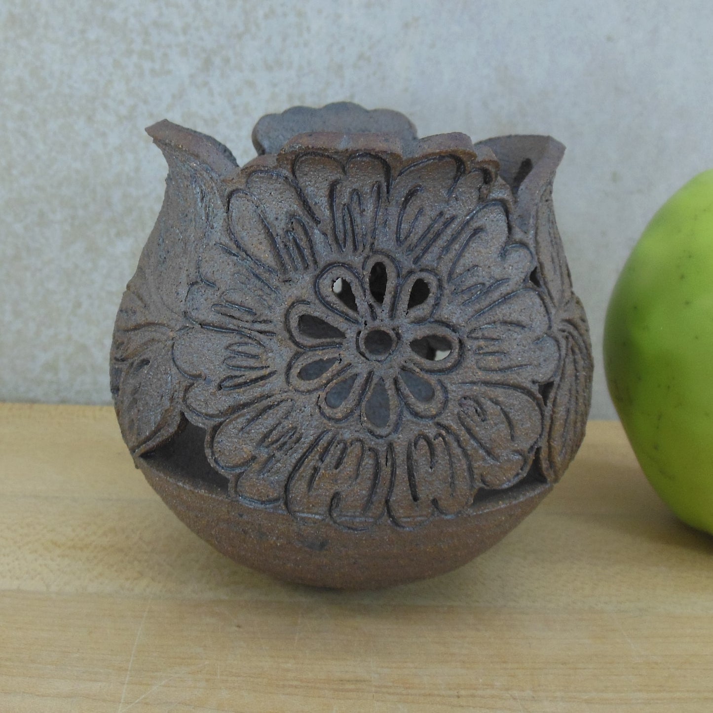 Diane CH...? Signed Studio Pottery Vase Votive Pierced Flowers