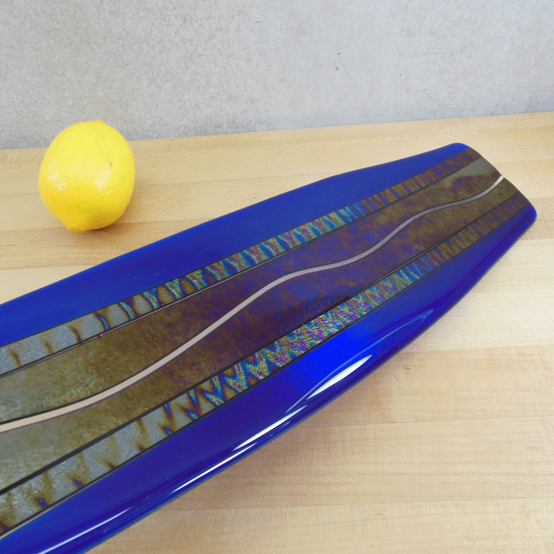 Chris Paulson Signed 1999 Glass Blue Iridescent Classic Sushi Tray Pre-owned