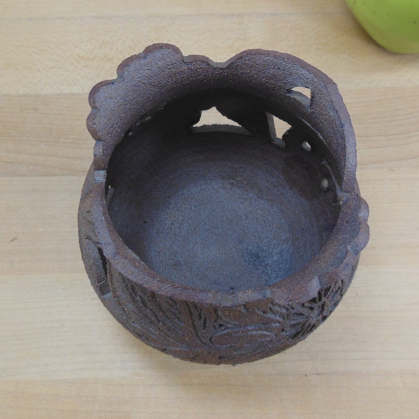 Diane CH...? Signed Studio Pottery Vase Votive Pierced Flowers Ruffle Rim