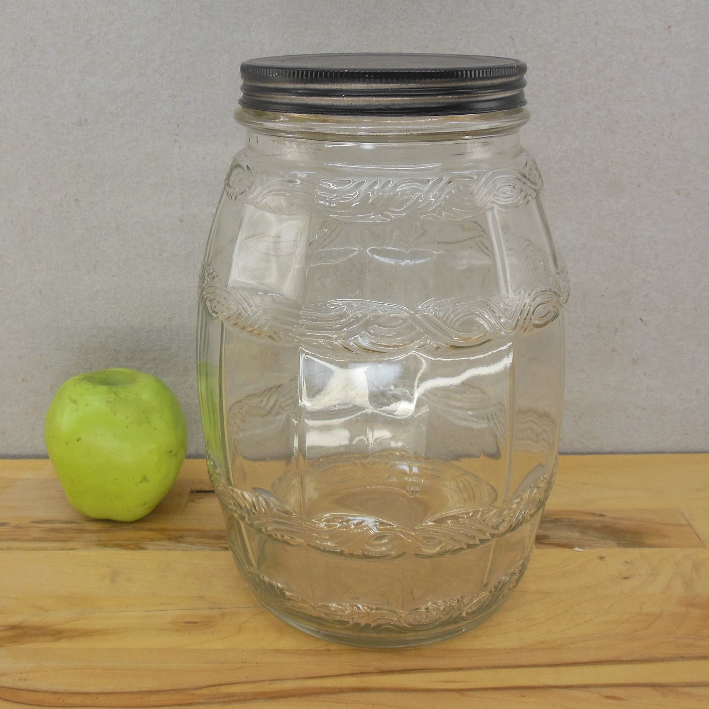 Hoosier Era Glass Barrel Pickle Candy Jar DES PATENT 600 Embossed