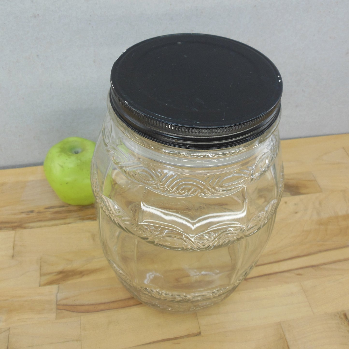 Hoosier Era Glass Barrel Pickle Candy Jar DES PATENT 600 Embossed black metal lid
