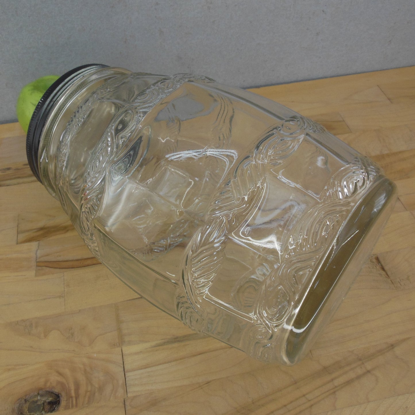 Hoosier Era Glass Barrel Pickle Candy Jar DES PATENT 600 Embossed Waves Weave Braids Rope