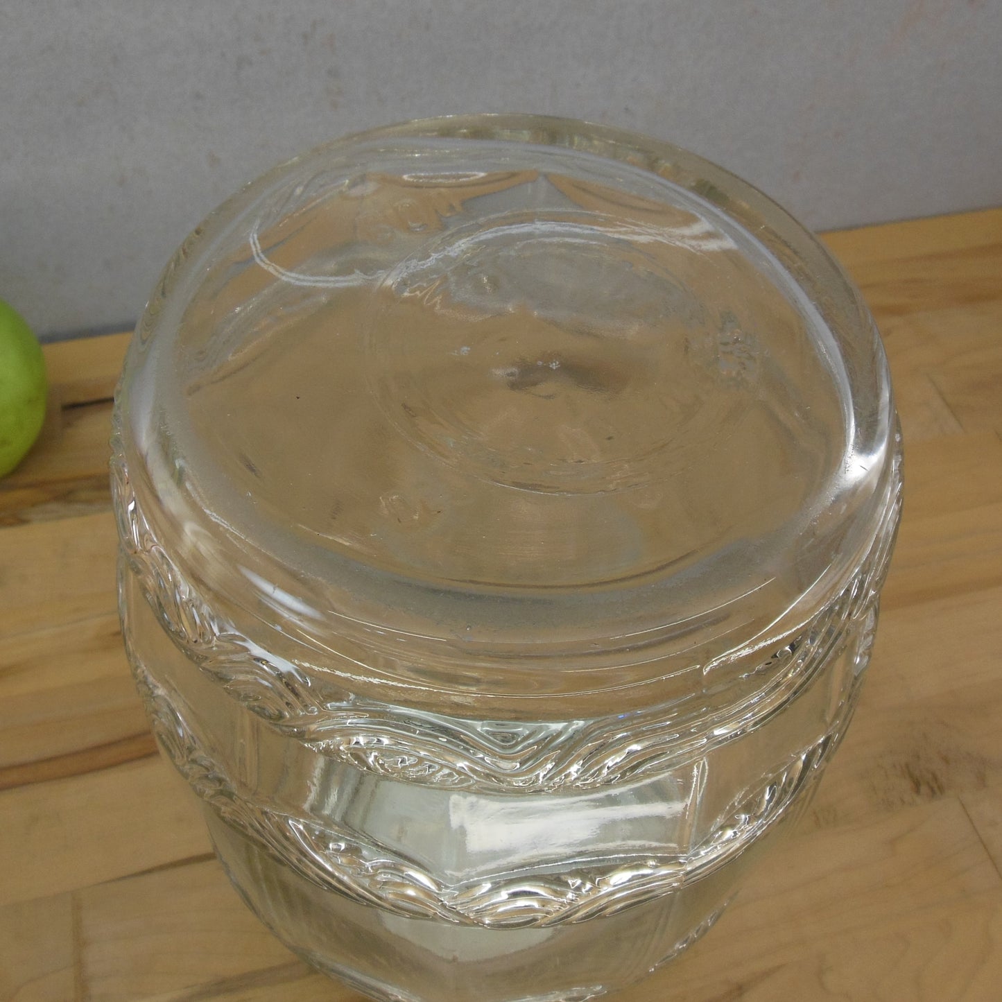 Hoosier Era Glass Barrel Pickle Candy Jar DES PATENT 600 Embossed Vintage