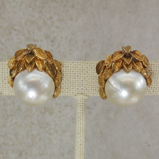 David Webb 18K Yellow Gold Mabe Pearl Earrings Leaves - Discounted