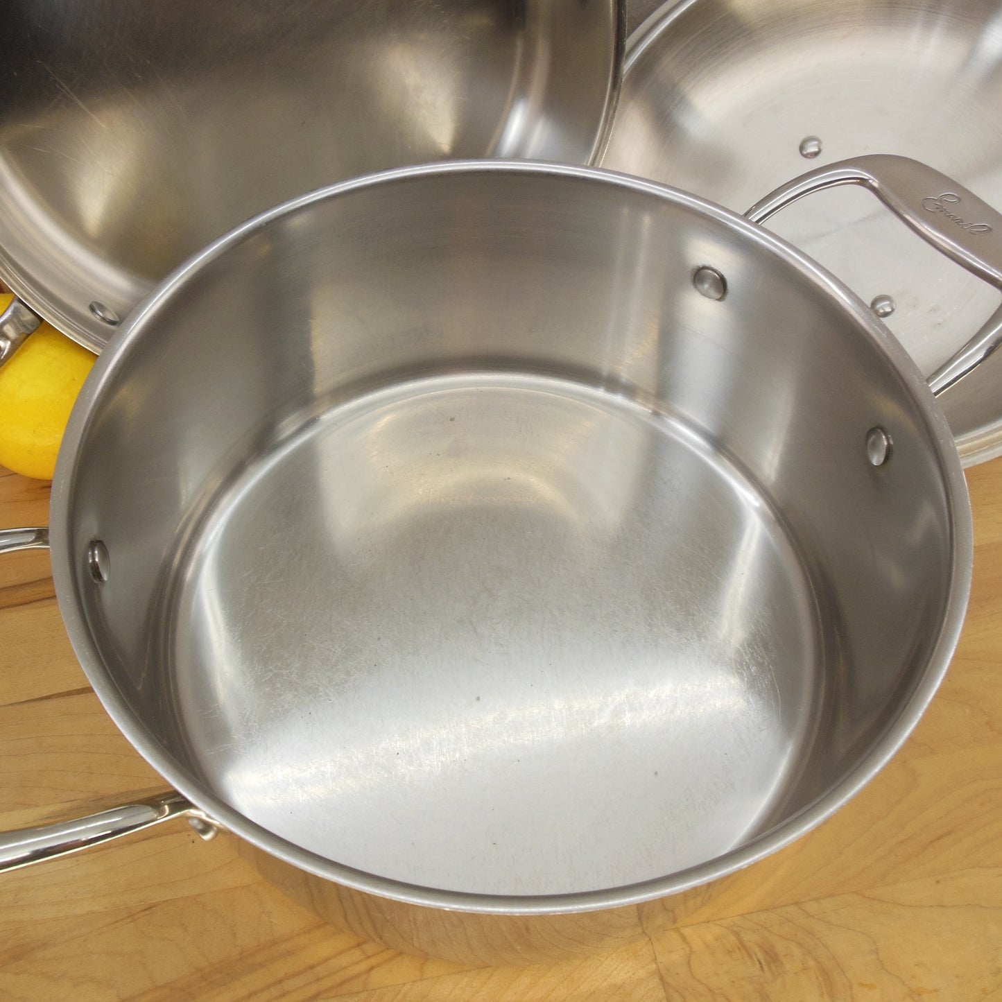 Emeril Stainless Saute Pan 3 Qt. & Stock Pot 6 Qt. Shared Lid Vintage