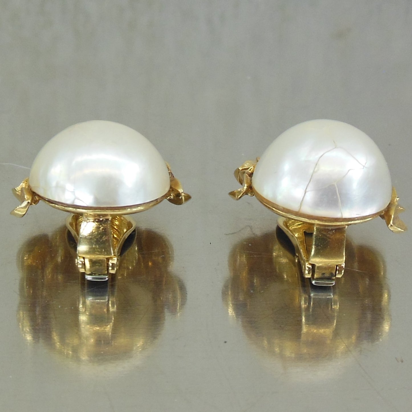 David Webb 18K Yellow Gold Mabe Pearl Earrings Leaves - Discounted Cracks
